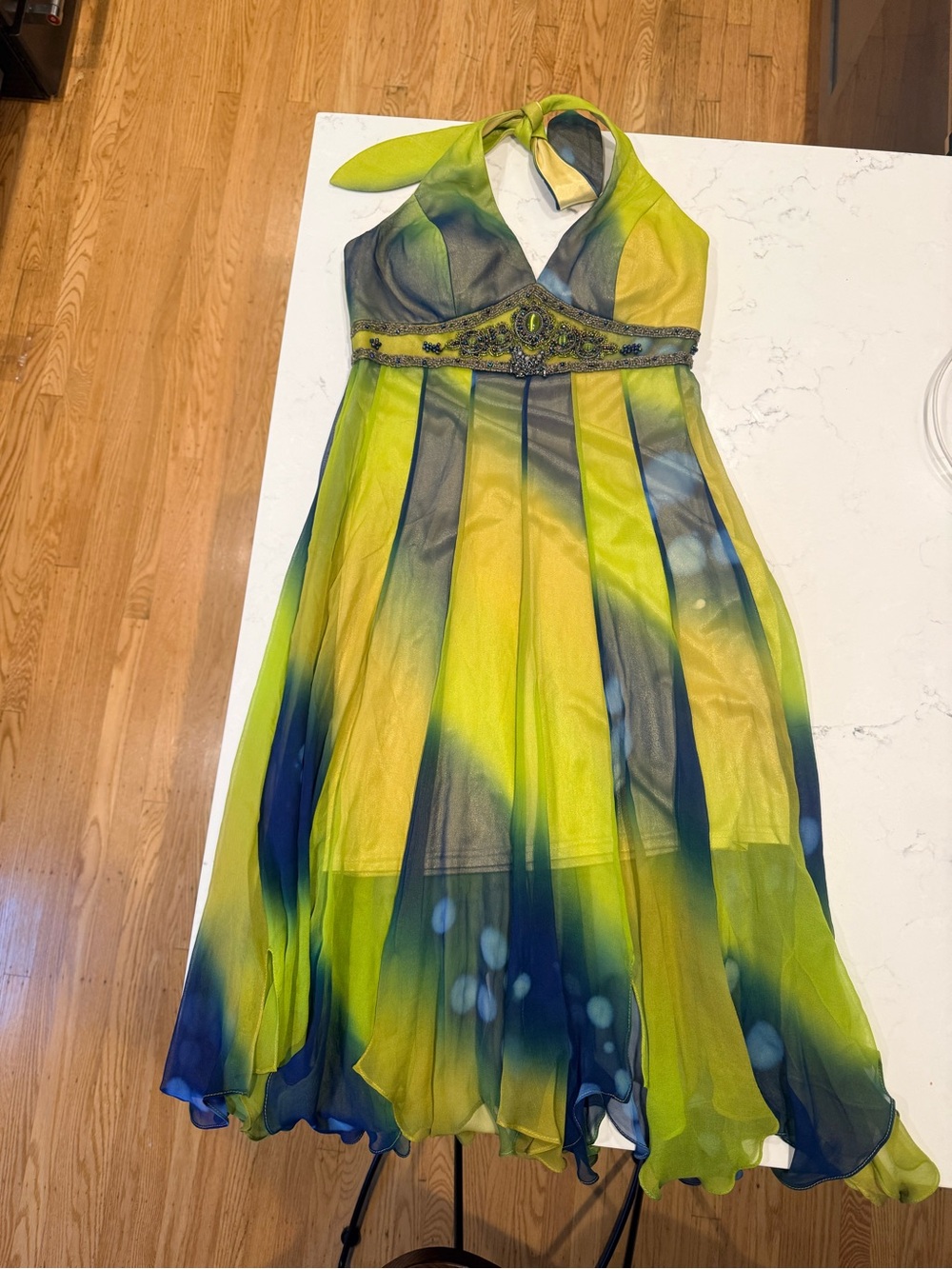 Vintage Fairy 100% Silk Dress in Lime & Navy